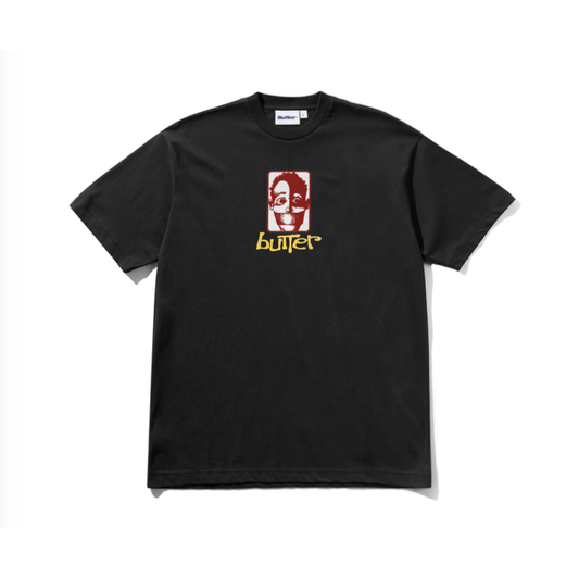 A black short-sleeve crewneck t-shirt featuring a colorful graphic print on the chest with the brand name 'Parlez' printed below it, displayed flat against a light gray background.