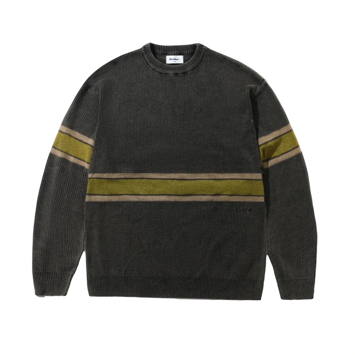 A dark charcoal gray ribbed knit crewneck sweater with olive green and beige horizontal stripes across the chest and sleeves, laid flat on a white background.