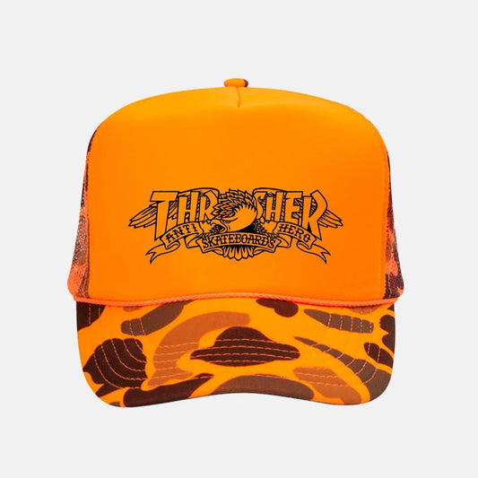 Screen printed signature Thrasher Magazine x Antihero artwork on a 100% polyester adjustable snapback.