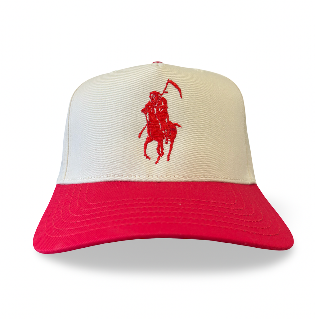 Red and beige cap with a logo on a white background