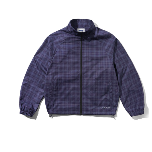 A purple and dark gray plaid zip-up jacket by Bucker, displayed flat against a white background.