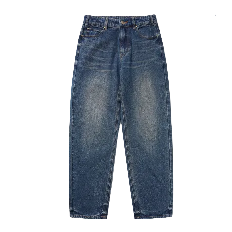 A pair of blue denim jeans shown flat against a white background, with the brand name Butter visible at the top left. The jeans are straight-leg denim in a medium wash with faded whiskering on the thighs.
